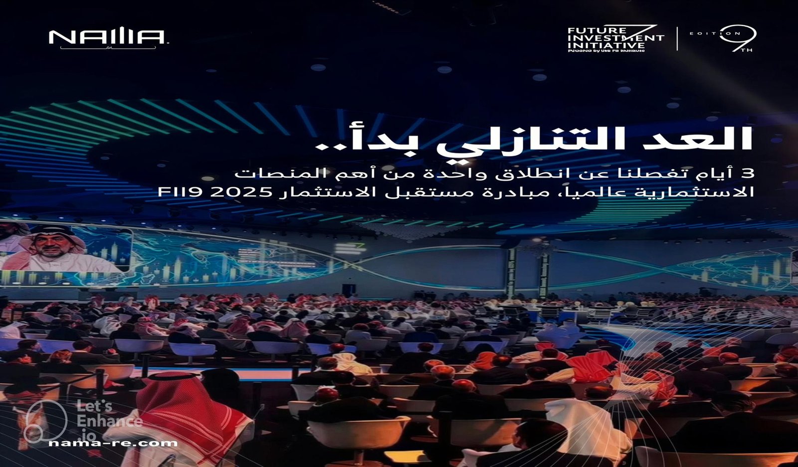 Large audience attending the Future Investment Initiative 2025 conference with a main stage and modern lighting setup