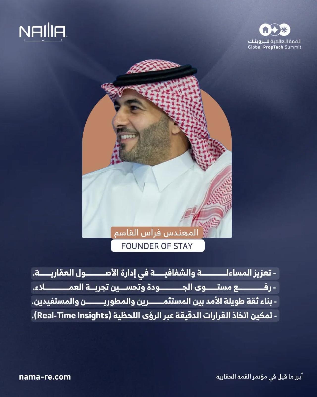 Engineer Firas Al Qassem, Founder of Stay, speaking at the Global PropTech Summit about transparency and real estate asset management