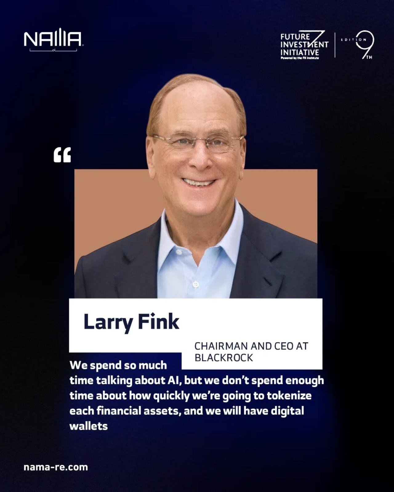 Larry Fink, Chairman and CEO of BlackRock, speaking at the 9th edition of the Future Investment Initiative about AI, tokenization, and digital wallets