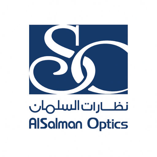 Logo of AlSalman Optics, featuring a dark blue square with interlocking white stylized letters, with the Arabic text "نظارات السلمان" and English text "AlSalman Optics" underneath